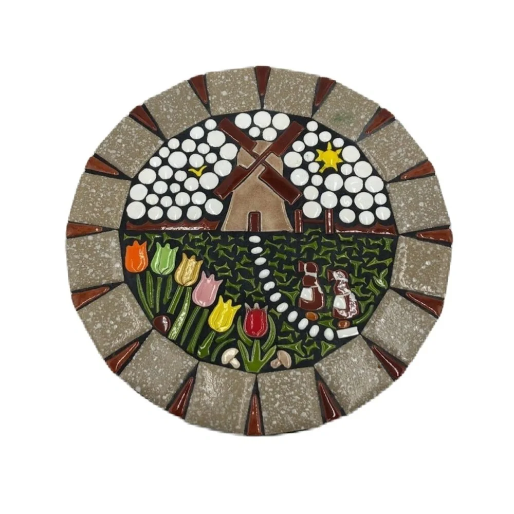 Vintage Mosaic Brown Ceramic Tile Art Trivet Round Windmill Country Farm House